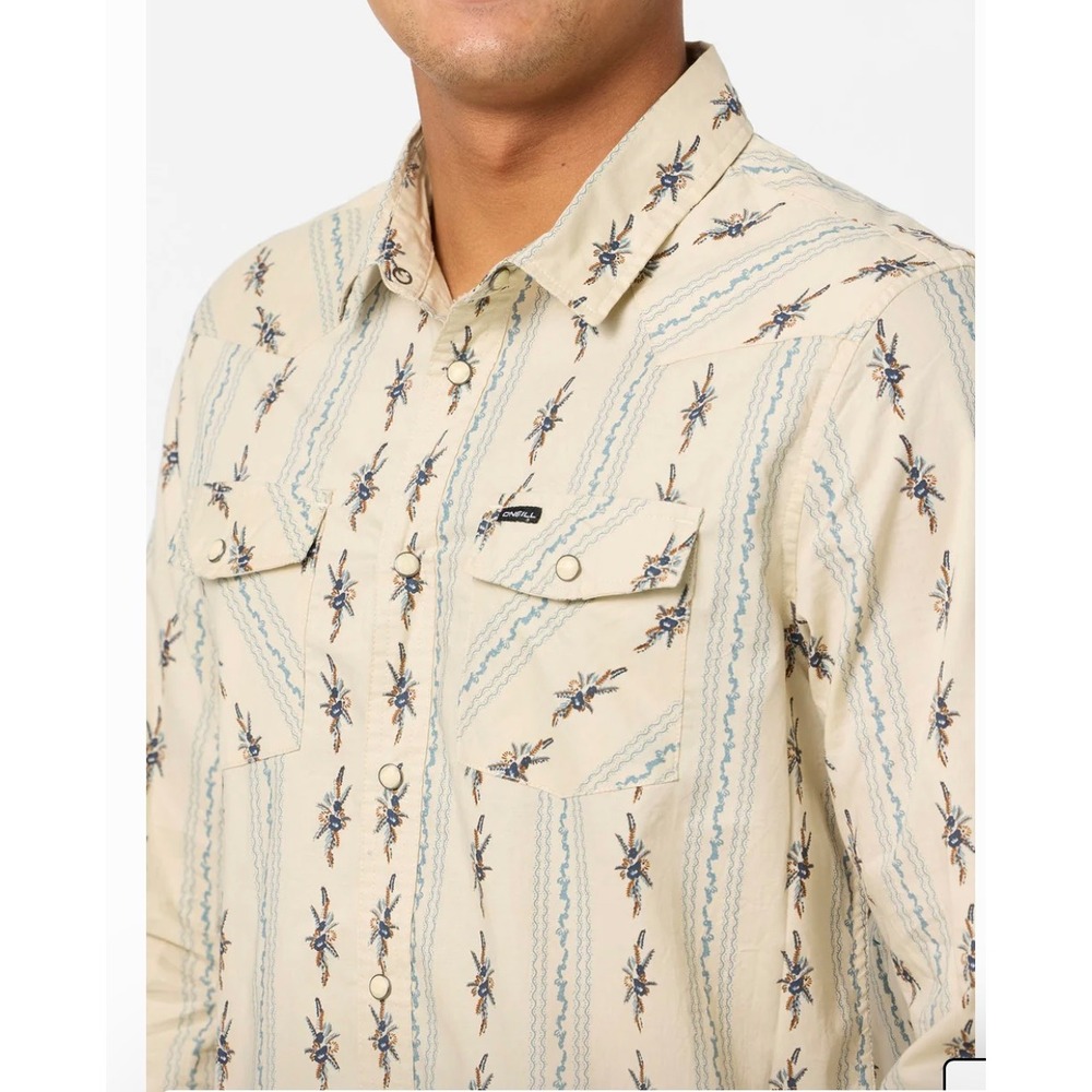 O'Neill Bar Dog‎ Long Sleeve Western Snap Shirt Khaki Floral Stripe XL New